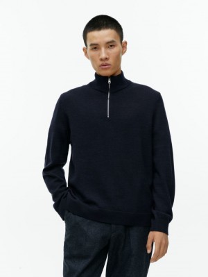 Sweter Arket Half-Zip Wełna Męskie Ciemny Niebieskie | Polska PHWRN-2531