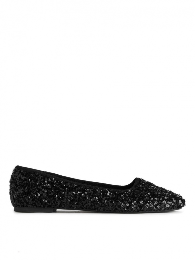 Baleriny Arket Sequin Ballet Flats Damskie Czarne | Polska SPZXC-8274