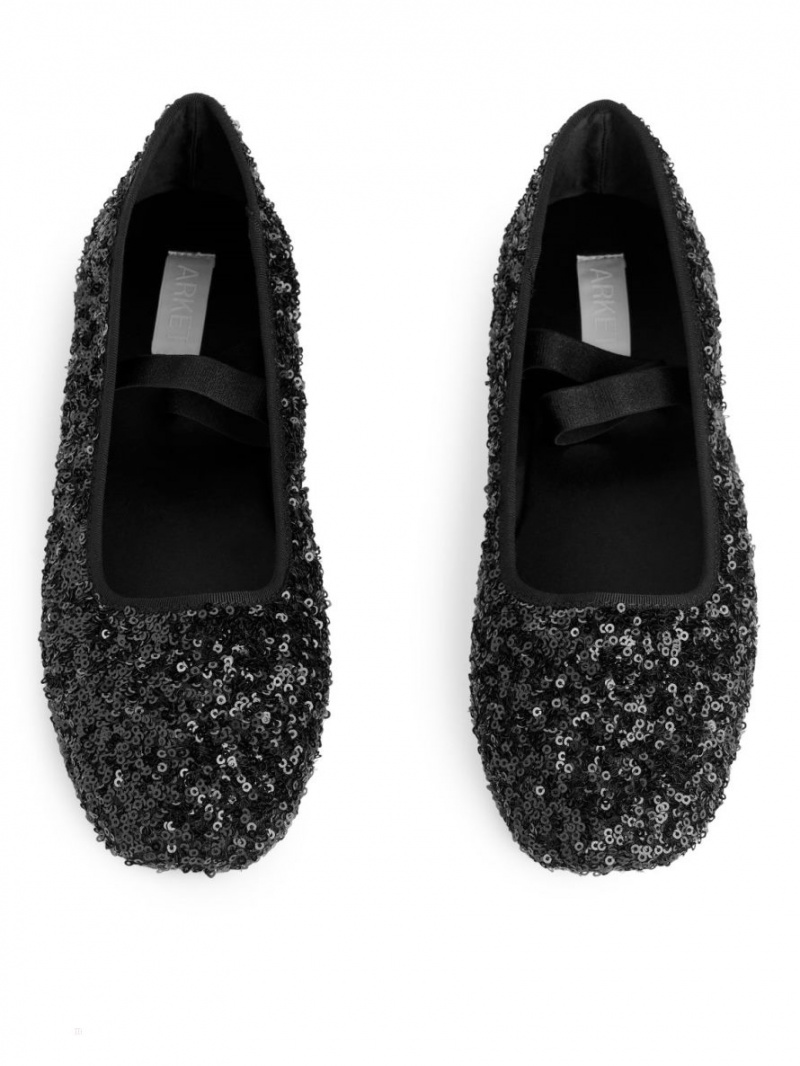 Baleriny Arket Sequin Ballet Flats Damskie Czarne | Polska SPZXC-8274