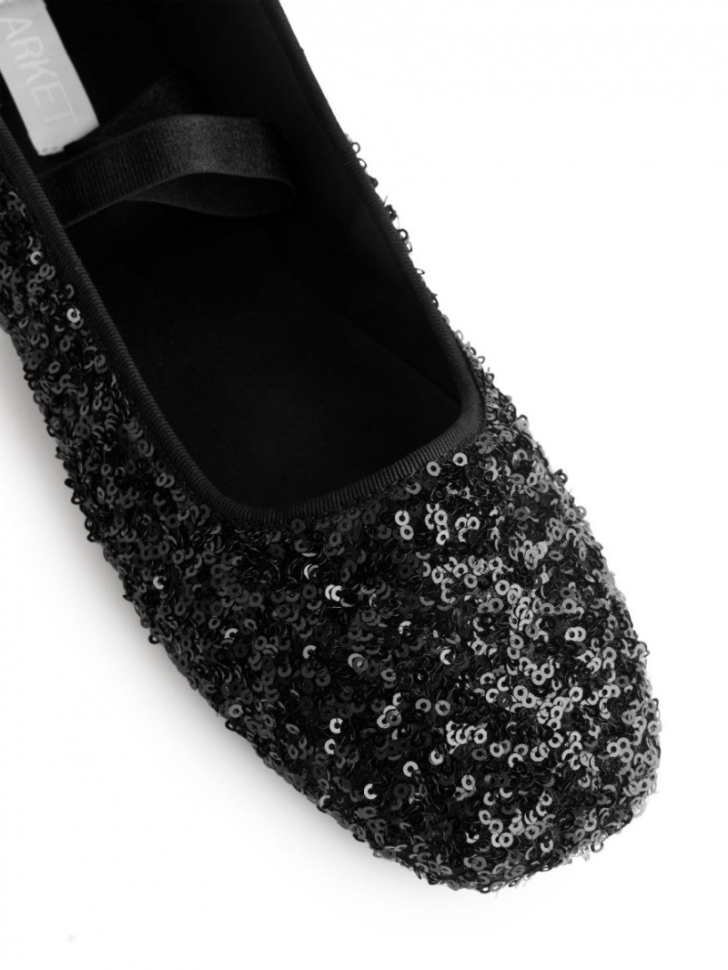 Baleriny Arket Sequin Ballet Flats Damskie Czarne | Polska SPZXC-8274