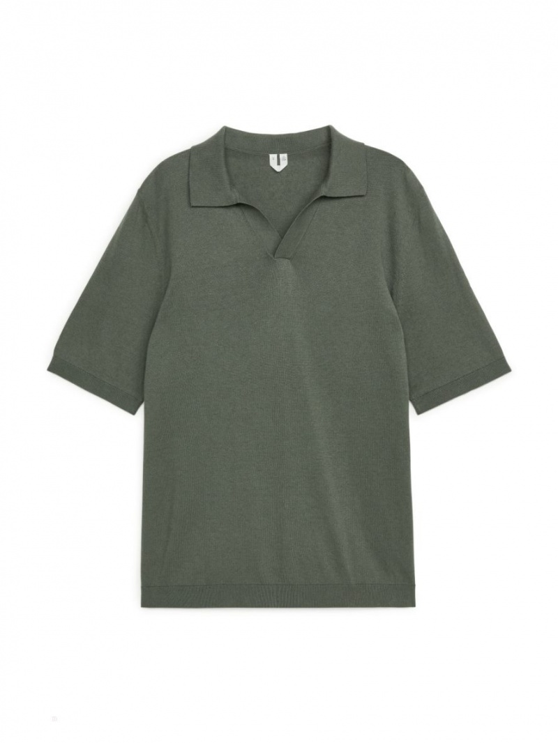 Koszulki Polo Arket Bawełniane Linen Męskie Khaki Zielone | Polska XTEMV-3501