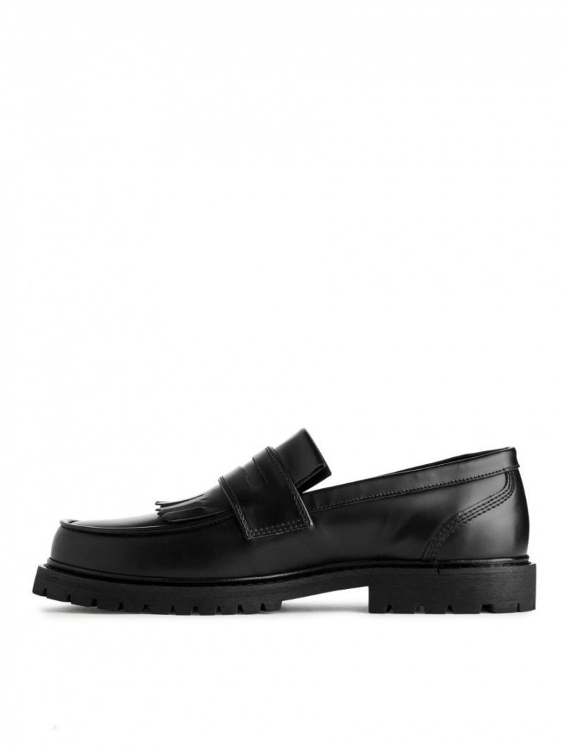 Loafersy Arket Fringe Skórzane Męskie Czarne | Polska CZOQM-5146