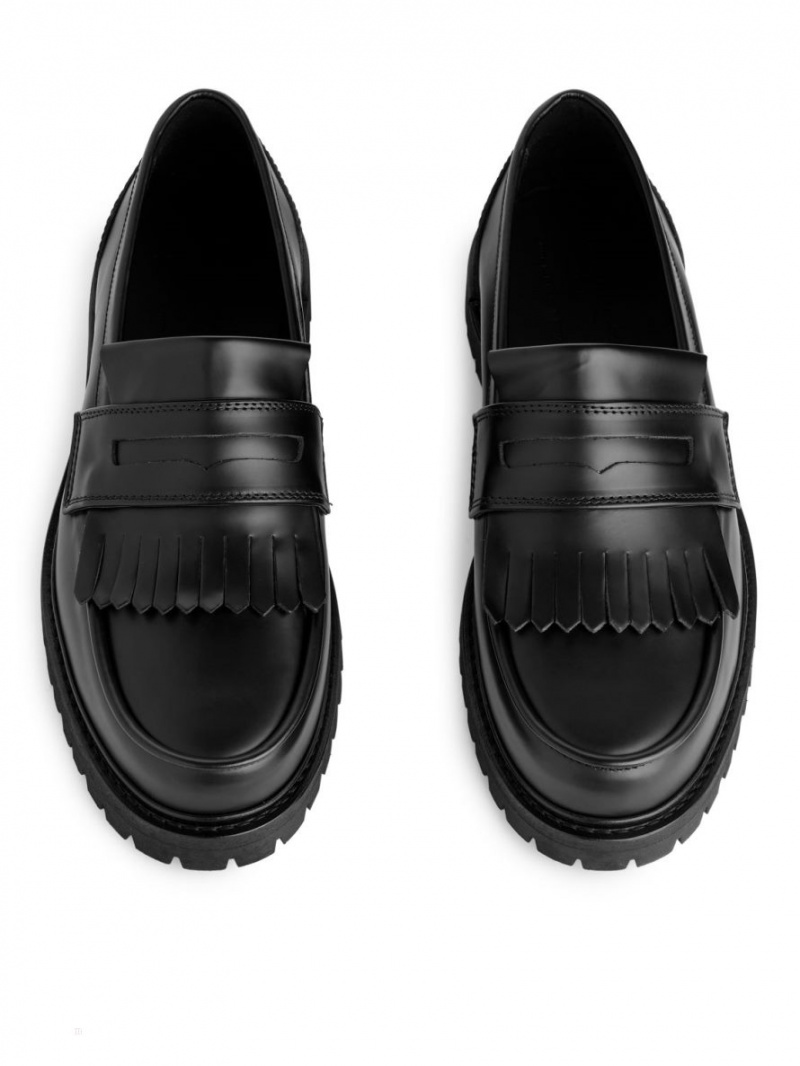 Loafersy Arket Fringe Skórzane Męskie Czarne | Polska CZOQM-5146