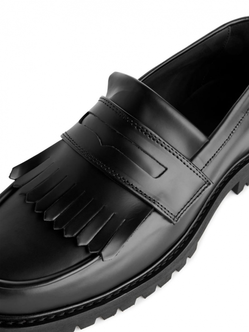 Loafersy Arket Fringe Skórzane Męskie Czarne | Polska CZOQM-5146