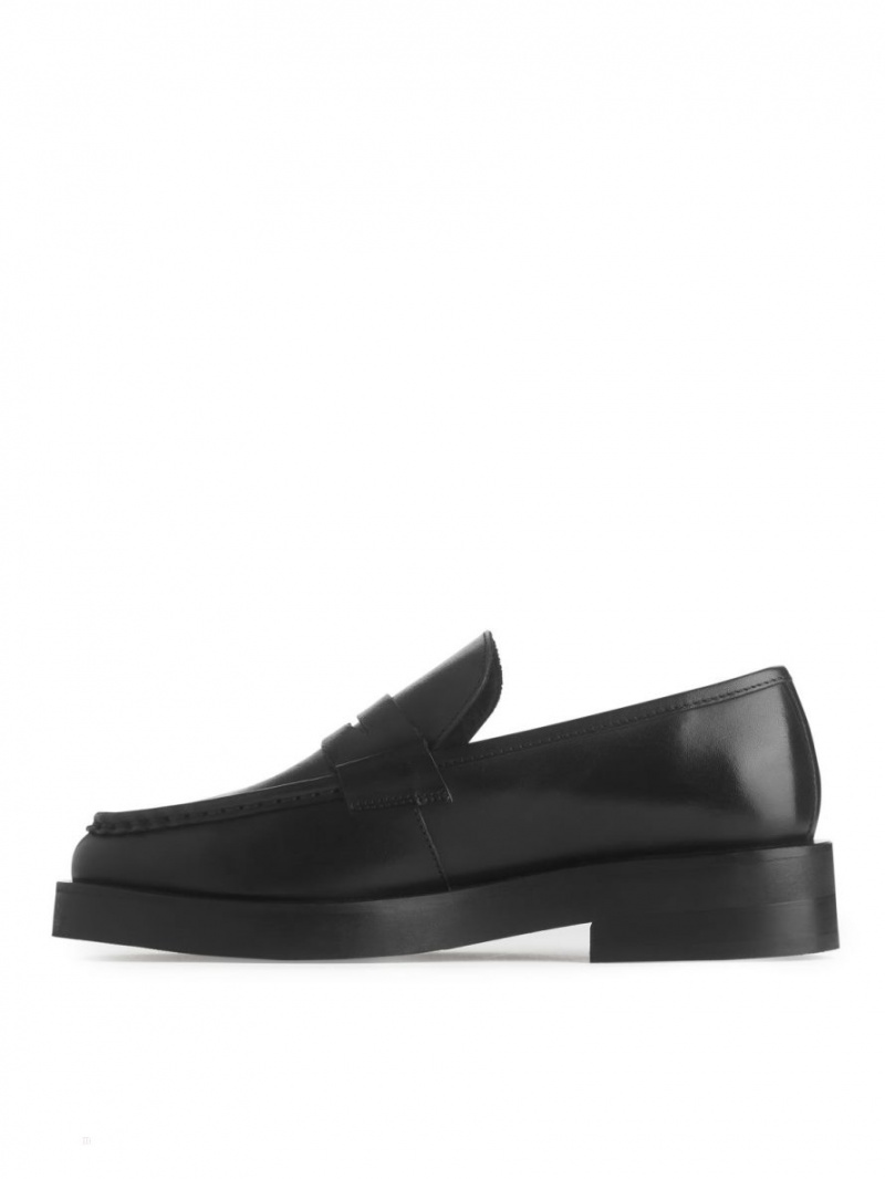 Loafersy Arket Skórzane Penny Damskie Czarne | Polska CVZID-9473