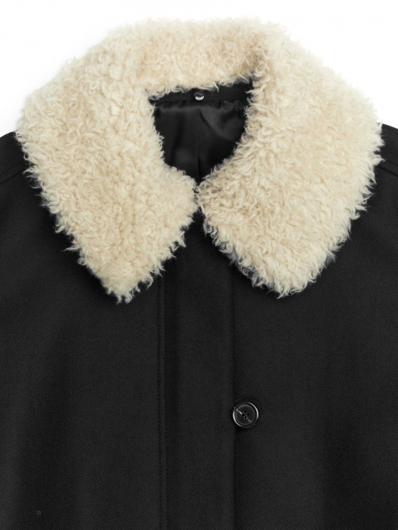 Płaszcz Arket Faux Fur-Collar Damskie Czarne | Polska QPJGL-2195