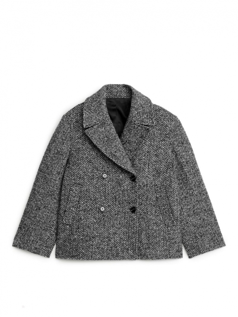 Płaszcz Arket Herringbone Peacoat Damskie Czarne Białe | Polska WASJF-8750