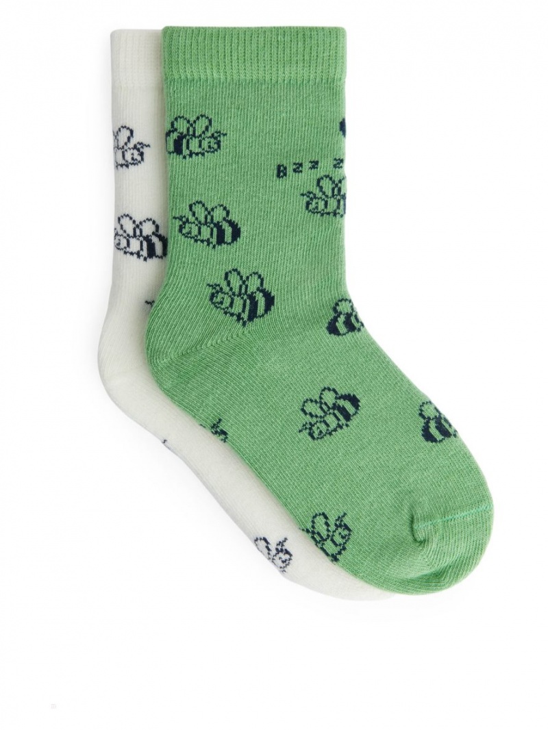 Skarpetki Arket Jacquard, 2 Pairs Dziewczynka Zielone Białe | Polska DWGUL-9386