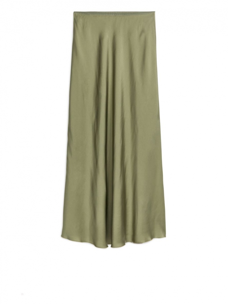 Spódnica Arket Maxi Satin Damskie Khaki Zielone | Polska ITGUO-3978