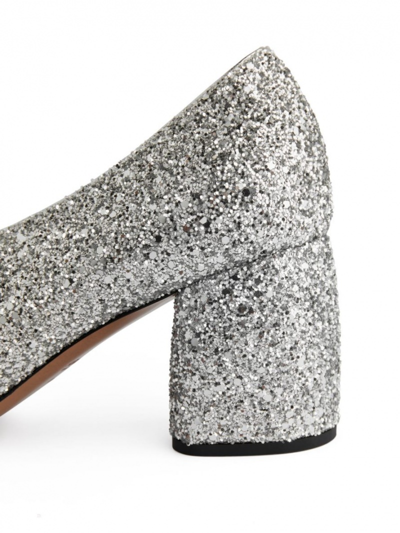 Szpilki Arket Block Heel Glitter Damskie Srebrne | Polska HUXNZ-6784